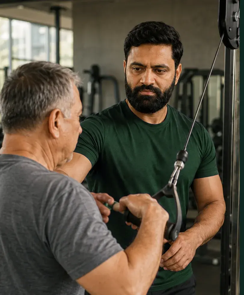 Nabeel guiding an older adult through a cable exercise, watching his client's form closely.